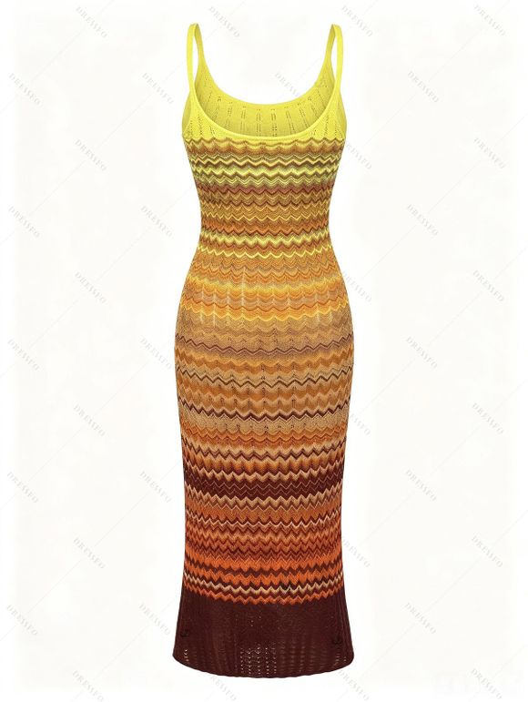 Vintage Knitted Dress Ombre Wave Print Spaghetti Strap Maxi Bodycon Dress - multicolor ONE SIZE