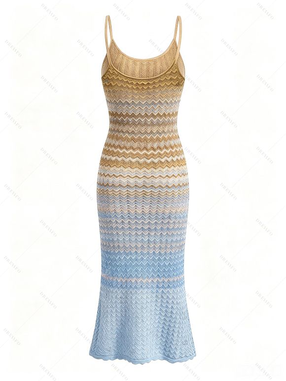 Vintage Knitted Dress Ombre Wave Print Spaghetti Strap Maxi Bodycon Dress - Bleu ONE SIZE