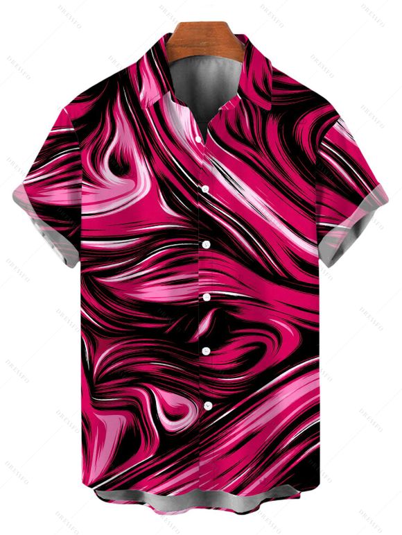 Vacation Couple Outfit Colorblock Fluid Swirl Print Spaghetti Strap Maxi Bodycon Dress and Shirt Set - Rouge Rose S | US 4