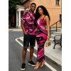 Vacation Couple Outfit Colorblock Fluid Swirl Print Spaghetti Strap Maxi Bodycon Dress and Shirt Set - Rouge Rose S | US 4