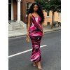 Vacation Dress Colorblock Fluid Swirl Print Spaghetti Strap Maxi Bodycon Dress - Rouge Rose L | US 8-10