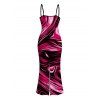 Vacation Couple Outfit Colorblock Fluid Swirl Print Spaghetti Strap Maxi Bodycon Dress and Shirt Set - Rouge Rose S | US 4