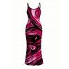 Vacation Couple Outfit Colorblock Fluid Swirl Print Spaghetti Strap Maxi Bodycon Dress and Shirt Set - Rouge Rose S | US 4