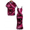 Vacation Couple Outfit Colorblock Fluid Swirl Print Spaghetti Strap Maxi Bodycon Dress and Shirt Set - Rouge Rose S | US 4