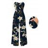 Vacation Jumpsuit Metallic Gold Lily Floral Print Pocket Bowknot Off the Shoulder Jumpsuit - Bleu de Minuit XXL | US 14