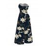 Vacation Jumpsuit Metallic Gold Lily Floral Print Pocket Bowknot Off the Shoulder Jumpsuit - Bleu de Minuit XXL | US 14