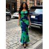 Vacation Dress Contrast Color Tropical Leaf Ink Wash Smudge Print Spaghetti Strap Maxi Bodycon Dress - Vert profond XXL | US 14