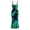 Vacation Dress Contrast Color Tropical Leaf Ink Wash Smudge Print Spaghetti Strap Maxi Bodycon Dress - Vert profond XXL | US 14