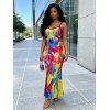 Vintage Vacation Dress Colorblock Oil Painting Tie Dye Print Spaghetti Strap Maxi Bodycon Dress - multicolor A XXL | US 14