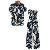 Vintage Hawaiian Couple Outfit Tropical Leaf Print Pocket Bowknot Off the Shoulder Jumpsuit and Shirt Set - Cadetblue S | US 4