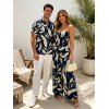 Vintage Hawaiian Couple Outfit Tropical Leaf Print Pocket Bowknot Off the Shoulder Jumpsuit and Shirt Set - Cadetblue S | US 4