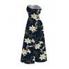 Vacation Couple Outfit Metallic Gold Lily Floral Print Pocket Bowknot Off the Shoulder Jumpsuit and Shirt Set - Bleu de Minuit S | US 4