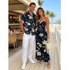 Vacation Couple Outfit Metallic Gold Lily Floral Print Pocket Bowknot Off the Shoulder Jumpsuit and Shirt Set - Bleu de Minuit S | US 4