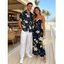 Vacation Couple Outfit Metallic Gold Lily Floral Print Pocket Bowknot Off the Shoulder Jumpsuit and Shirt Set - Bleu de Minuit S | US 4