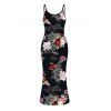 Vacation Dress Chinese Style Shimmer Dragon Cloud Peony Floral Print Spaghetti Strap Maxi Bodycon Dress - Noir XXL | US 14
