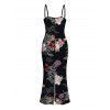 Vacation Dress Chinese Style Shimmer Dragon Cloud Peony Floral Print Spaghetti Strap Maxi Bodycon Dress - Noir XXL | US 14