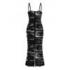 Gothic Dress Eyes Lips Checkered Collage Patchwork Print Spaghetti Strap Maxi Bodycon Dress - Noir XXL | US 14