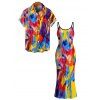 Vintage Vacation Couple Outfit Colorblock Oil Painting Tie Dye Print Spaghetti Strap Maxi Bodycon Dress and Shirt Set - multicolor A S | US 4