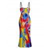 Vintage Vacation Couple Outfit Colorblock Oil Painting Tie Dye Print Spaghetti Strap Maxi Bodycon Dress and Shirt Set - multicolor A S | US 4