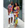 Vintage Vacation Couple Outfit Colorblock Oil Painting Tie Dye Print Spaghetti Strap Maxi Bodycon Dress and Shirt Set - multicolor A S | US 4