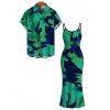 Vacation Couple Outfit Contrast Color Tropical Leaf Ink Wash Smudge Print Spaghetti Strap Maxi Bodycon Dress and Shirt Set - Vert profond S | US 4