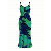 Vacation Couple Outfit Contrast Color Tropical Leaf Ink Wash Smudge Print Spaghetti Strap Maxi Bodycon Dress and Shirt Set - Vert profond S | US 4