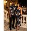 Vacation Couple Outfit Shimmer Dragon Cloud Peony Floral Print Spaghetti Strap Maxi Bodycon Dress and Shirt Set - Noir S | US 4