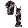 Vacation Couple Outfit Shimmer Dragon Cloud Peony Floral Print Spaghetti Strap Maxi Bodycon Dress and Shirt Set - Noir S | US 4