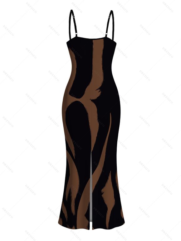 Vacation Dress Contrast Color Ink Wash Irregular Brush Stroke Print Spaghetti Strap Bodycon Dress - marron foncé XXL | US 14