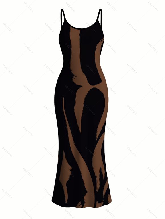 Vacation Dress Contrast Color Ink Wash Irregular Brush Stroke Print Spaghetti Strap Bodycon Dress - marron foncé XXL | US 14