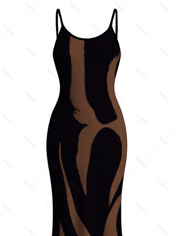 Vacation Dress Contrast Color Ink Wash Irregular Brush Stroke Print Spaghetti Strap Bodycon Dress - marron foncé XXL | US 14