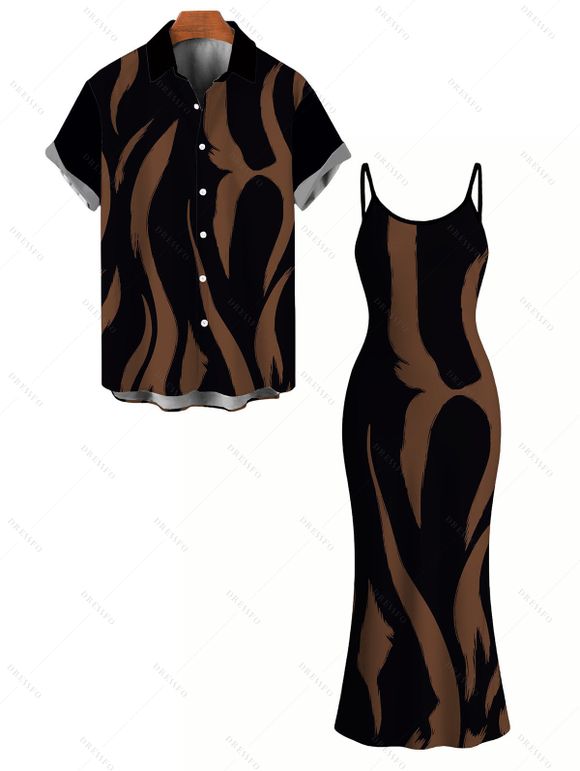 Vacation Couple Outfit Contrast Color Ink Wash Irregular Brush Stroke Print Spaghetti Strap Bodycon Dress and Shirt Set - marron foncé S | US 4