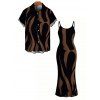 Vacation Couple Outfit Contrast Color Ink Wash Irregular Brush Stroke Print Spaghetti Strap Bodycon Dress and Shirt Set - marron foncé S | US 4