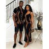 Vacation Couple Outfit Contrast Color Ink Wash Irregular Brush Stroke Print Spaghetti Strap Bodycon Dress and Shirt Set - marron foncé S | US 4