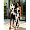 Vacation Couple Outfit Contrast Color Ink Wash Irregular Brush Stroke Print Spaghetti Strap Bodycon Dress and Shirt Set - Noir S | US 4