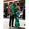 Vacation Couple Outfit Contrast Color Tropical Leaf Ink Wash Smudge Print Spaghetti Strap Maxi Bodycon Dress and Shirt Set - Vert profond S | US 4