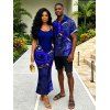 Vacation Couple Outfit Rose Floral Metallic Gold Scroll Vine Print Spaghetti Strap Maxi Bodycon Dress and Shirt Set - Bleu profond S | US 4