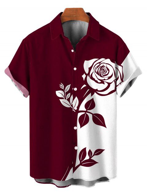 Men's Vacation Shirt Contract Color Rose Floral Print Button Up Shirt