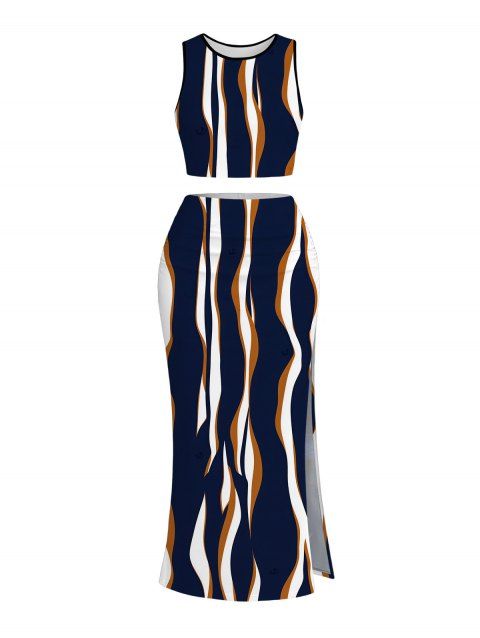 Vintage Women Outfit Vertical Wave Stripe Print Cropped Tank Top and Slit Bodycon Skirt Set