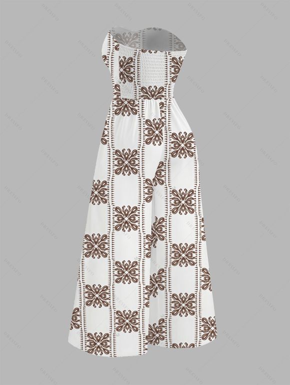 Vintage Jumpsuit Ethnic Geometric Print Bowknot Pocket Off the Shoulder Jumpsuit - Brun XXL | US 14