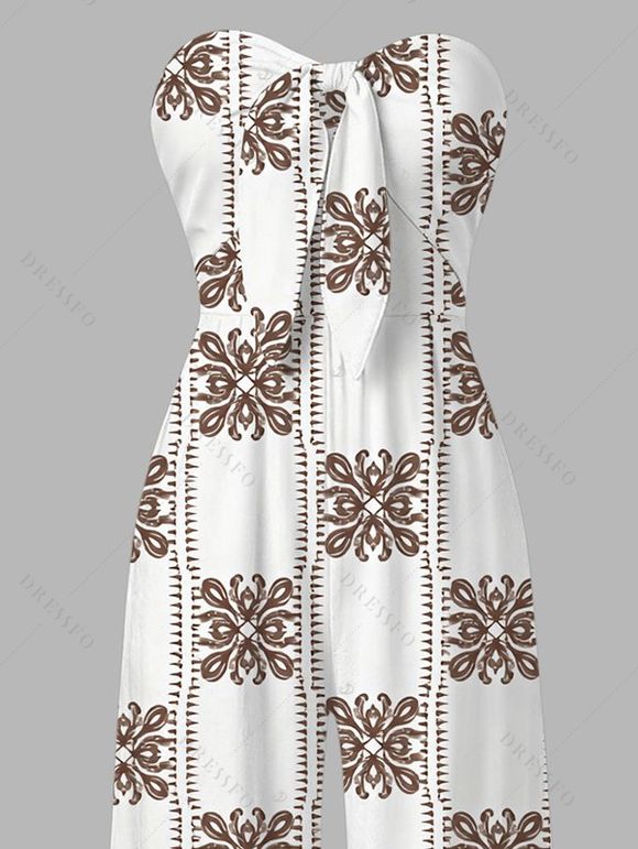 Vintage Jumpsuit Ethnic Geometric Print Bowknot Pocket Off the Shoulder Jumpsuit - Brun XXL | US 14