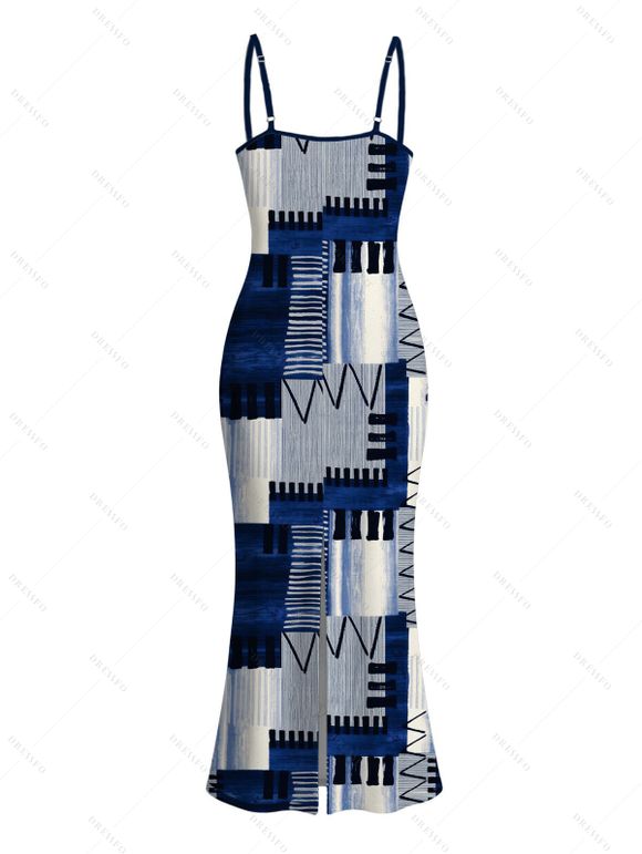 Vacation Dress Geometric Tribal Print Zig Zag Patchwork Print Spaghetti Strap Maxi Bodycon Dress - Bleu XXL | US 14