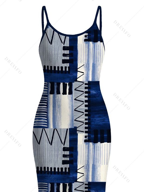 Vacation Dress Geometric Tribal Print Zig Zag Patchwork Print Spaghetti Strap Maxi Bodycon Dress - Bleu XXL | US 14