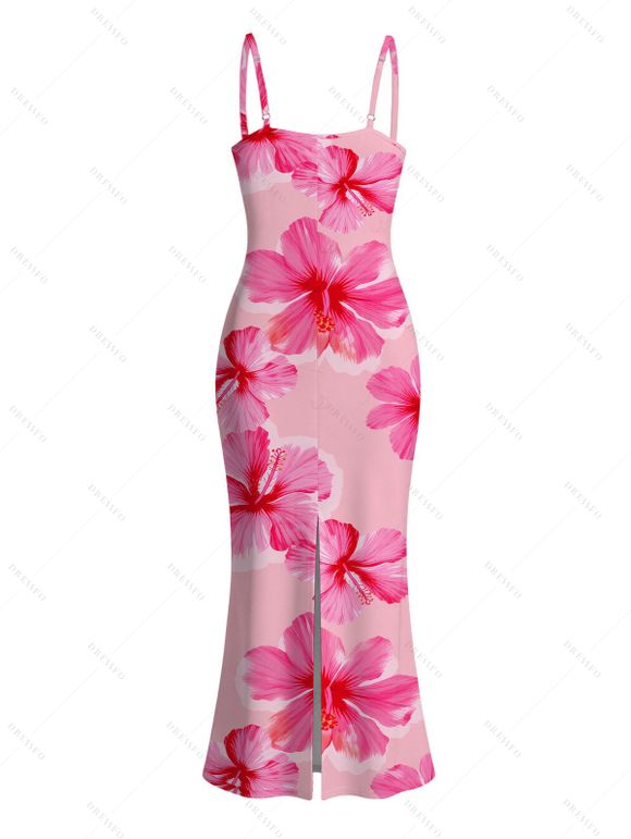 Vacation Dress Hibiscus Floral Print Spaghetti Strap Maxi Bodycon Summer Dress - Rose XXL | US 14