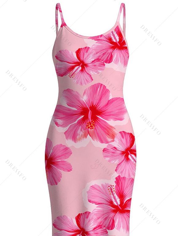 Vacation Dress Hibiscus Floral Print Spaghetti Strap Maxi Bodycon Summer Dress - Rose XXL | US 14