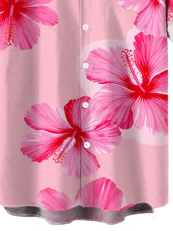 Men's Vacation Shirt Hibiscus Floral Print Button Up Summer Shirt - Rose 5XL
