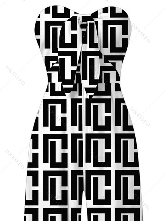 Vintage Jumpsuit Monochrome Maze Interlocking Hui Scroll Geometric Print Bowknot Pocket Off the Shoulder Jumpsuit - Noir XXL | US 14