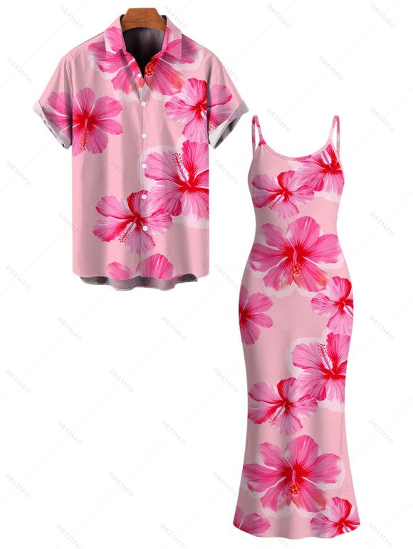 Vacation Couple Outfit Hibiscus Floral Print Spaghetti Strap Maxi Bodycon Dress and Shirt Set - Rose S | US 4