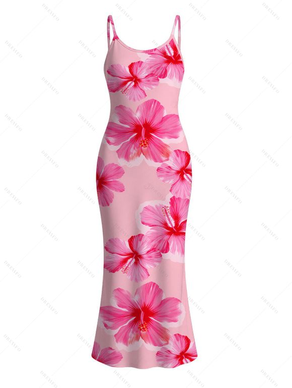 Vacation Couple Outfit Hibiscus Floral Print Spaghetti Strap Maxi Bodycon Dress and Shirt Set - Rose S | US 4