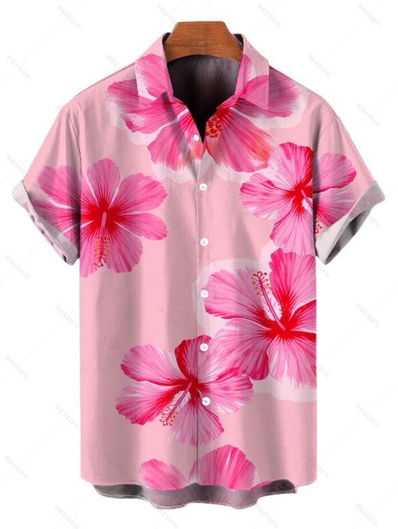Vacation Couple Outfit Hibiscus Floral Print Spaghetti Strap Maxi Bodycon Dress and Shirt Set - Rose S | US 4